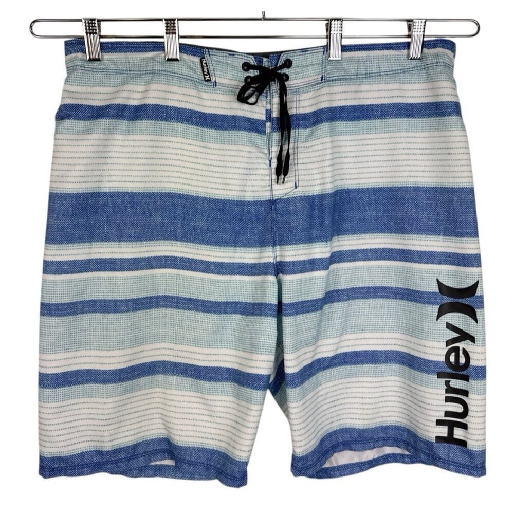 Hurley Men's 38 Board Shorts Hybrid Blue Stripe Inseam‎ 9" Lace Up